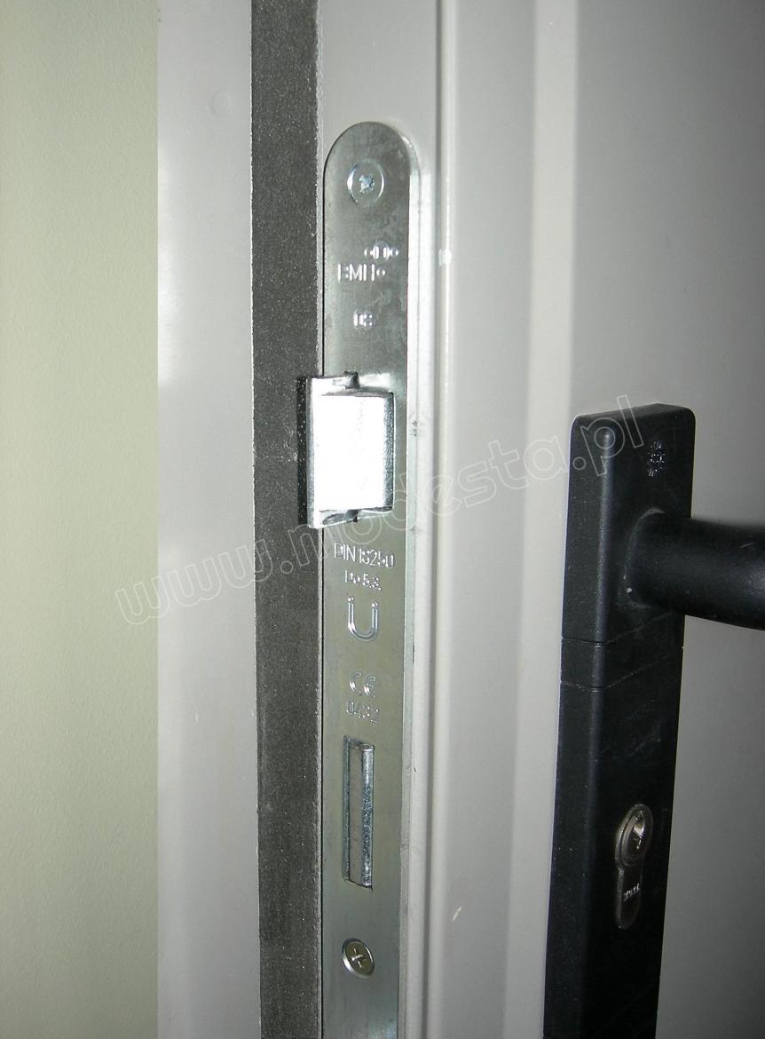 a flat rebate of fire-rated door leaf with a gasket, lock with a handle in U shape on a short plate and a door lock cylinder